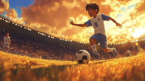 Young soccer forward drives ball under blazing sunset sky.