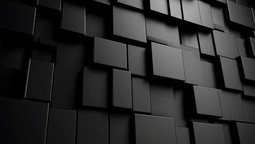 Black geometric 3D wall of offset square panels in shadow.