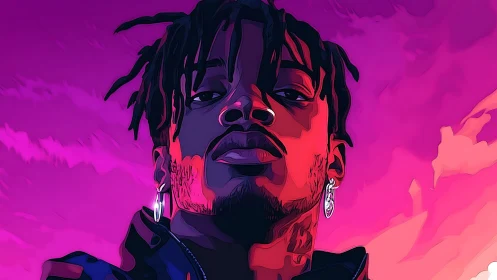 Neon-lit portrait of a confident man against vivid pink sky