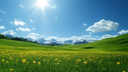 Alpine meadow under bright sun with snowcapped mountain backdrop.