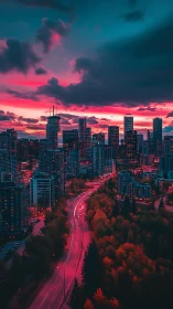 Neon lit city skyline under saturated cyan and magenta sky
