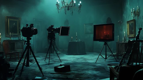 Film crew gear in eerie mansion ballroom set at night.