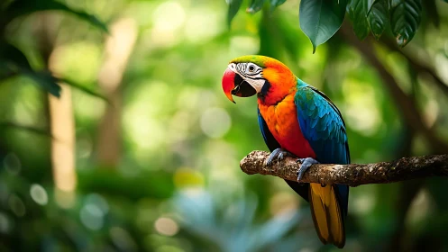 Vibrant macaw perched on branch in lush tropical forest setting.