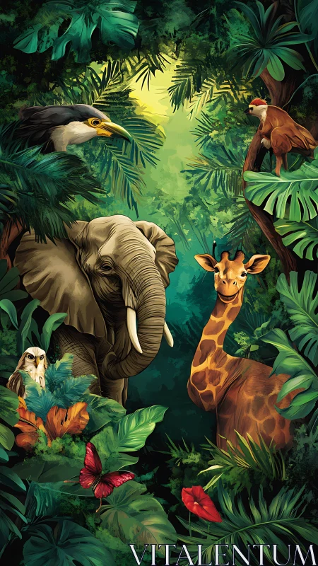 Jungle chorus of curious friends under emerald light.
