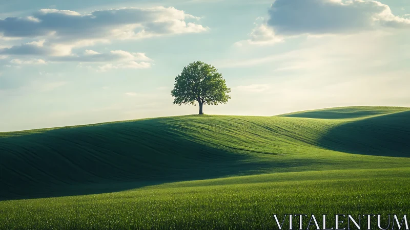 Solitary tree on rolling green hill under soft daylight.
