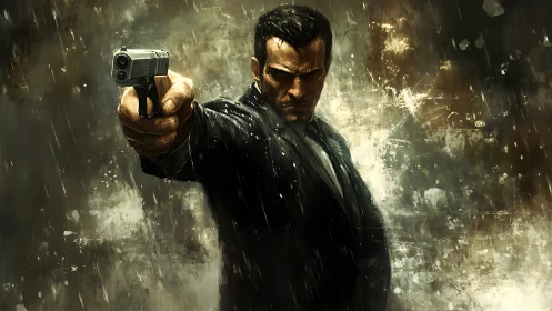 Stoic gunman in rain aiming pistol toward viewer.