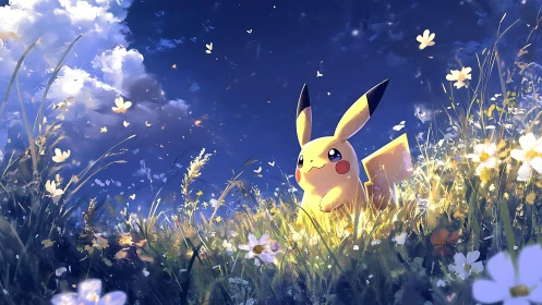 Playful Pikachu exploring a sunny wildflower meadow.