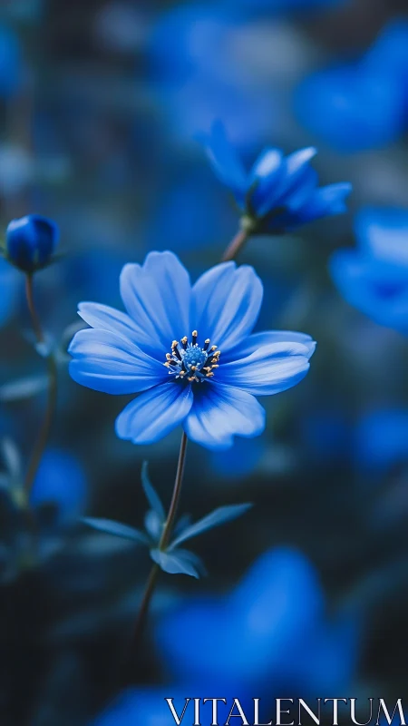 Blue cosmos flower with shallow depth of field in garden setting.