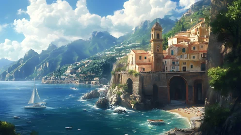 Sunlit coastal village resting gently between sea and hills.