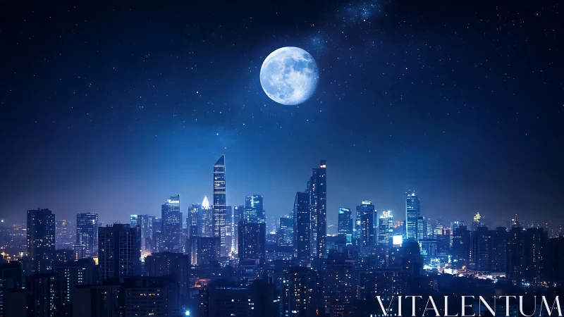 Moonlit city skyline wrapped in calm midnight blue glow.
