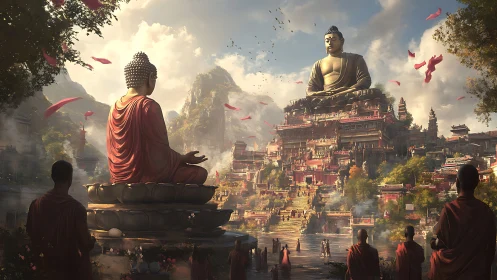 Mountain temple city under colossal Buddha guardians.