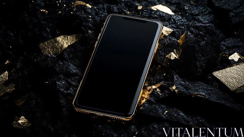 Luxury smartphone with gold trim on textured black ore field.