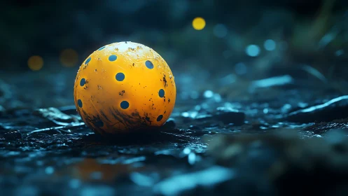 Yellow perforated ball on wet ground in moody light.