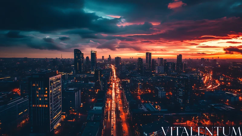 Urban skyline with traffic corridor under vivid sunset sky.