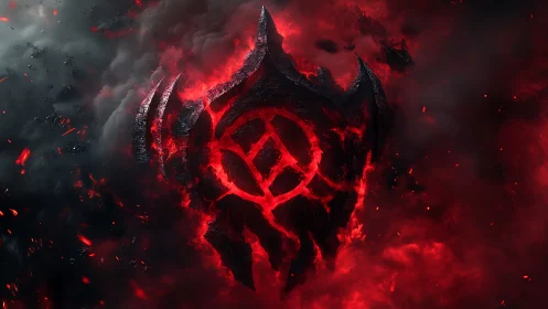 Burning demonic emblem emerges through swirling red smoke