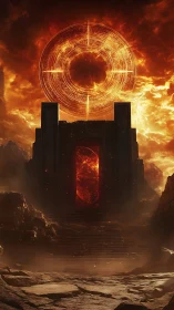 Infernal stone gateway aligns beneath blazing celestial sigil