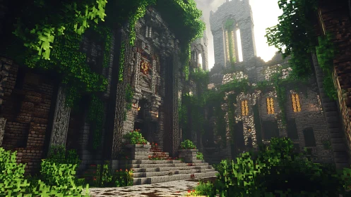 Vines reclaim a pixel-built fortress in molten sunset light