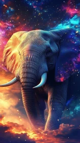 Elephant form integrated with multicolored cosmic nebulae.