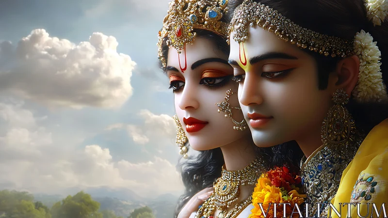 Divine lovers in golden light beneath soft summer clouds.