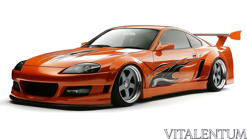 Orange modified sports coupe with body kit and decals.