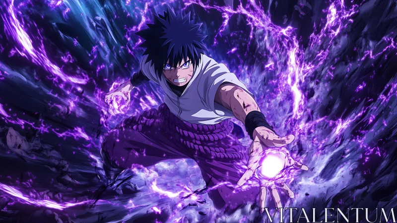 Anime warrior unleashes purple energy in rocky chasm.
