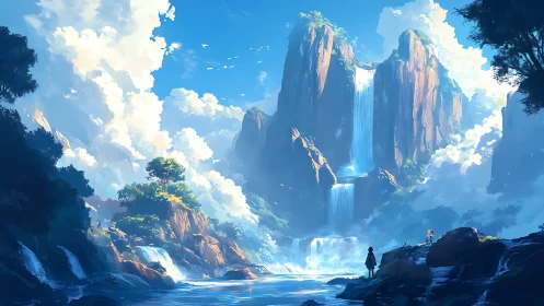 Majestic cliffside waterfalls under a bright summer sky.
