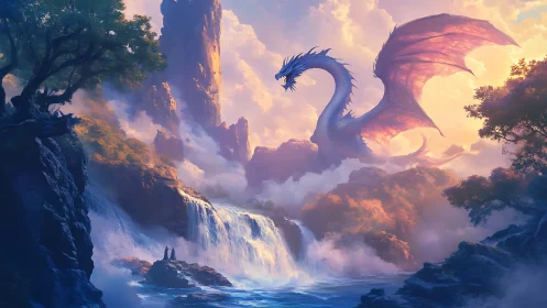 Large winged dragon over misty waterfalls and cliffs.