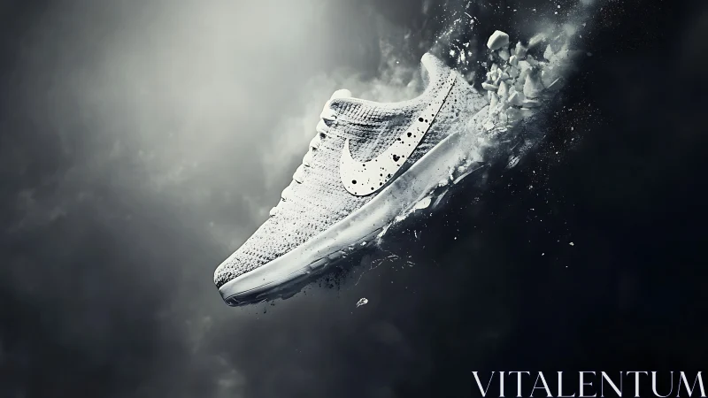 Exploding white running shoe rendered in dynamic digital realism