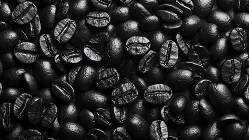Close range view of glossy dark roasted coffee beans.