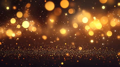 Golden bokeh lights shimmer above glittering surface
