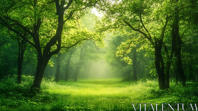 Sunlit Forest Path with Lush Greenery in Dreamy Nature Style.