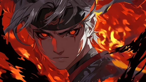 Fire-eyed anime warrior surrounded by blazing inferno.