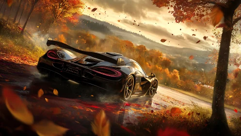 Jet-black supercar carves molten light through autumn storm