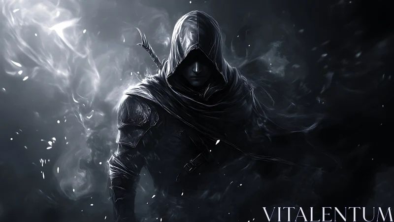 Hooded shadow assassin emerges from swirling monochrome smoke
