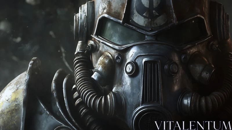 Rust-scarred power armor stares back with silent resolve