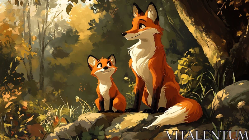 Fox parent and playful cub sharing a sunny forest moment.