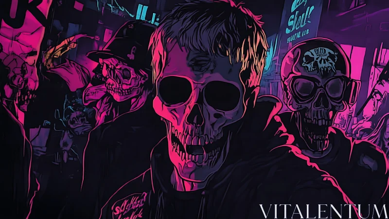 Neon skull crew strolls through a glowing cyberpunk night