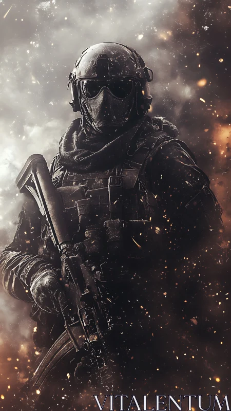 Battle-ready soldier emerging through swirling embers.