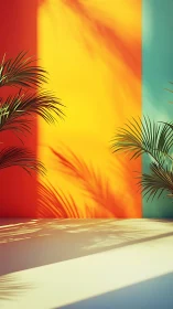 Sunlit palm shadows dance across rainbow courtyard walls