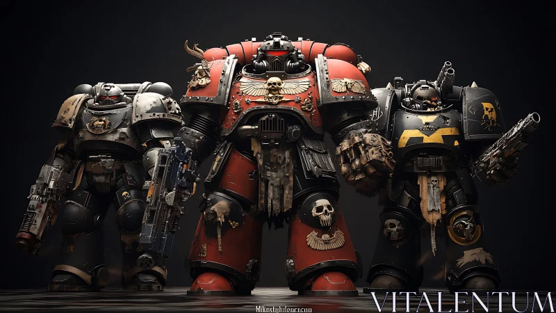 Armored space marines stand in dramatic triadic formation