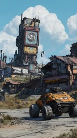 Rusty desert outpost framed by a bold roaming buggy.