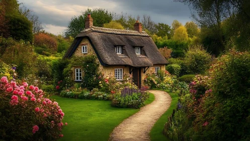 Storybook cottage nestles in lush flower-filled garden glow