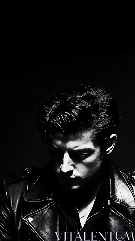 Male figure in leather jacket under high contrast lighting.
