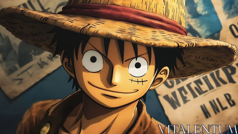 Grinning straw-hat rogue amid swirling wanted whispers.