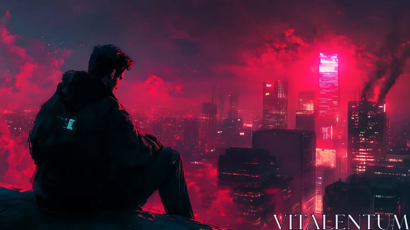 Lone rooftop watcher soaks in a neon red cyber city glow