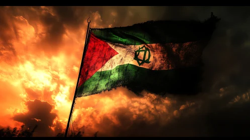 Tattered tricolor flag against blazing storm sunset sky.