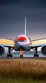 Sunset runway moment with a bold red-nosed airliner.