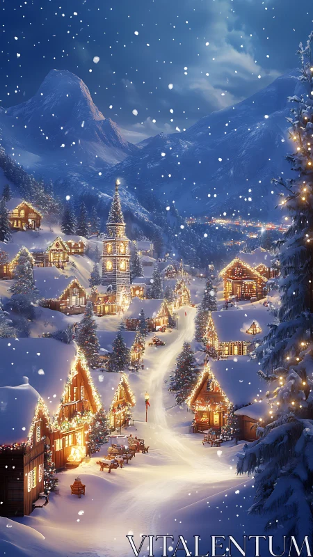 Snow-covered alpine village with illuminated buildings at night.