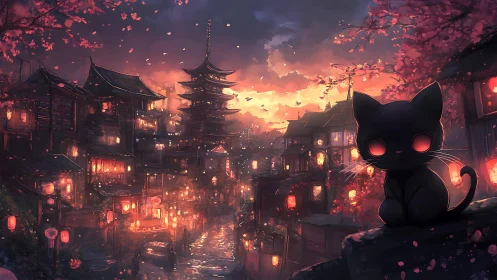 Neon-eyed black cat above lantern lit riverside pagoda town
