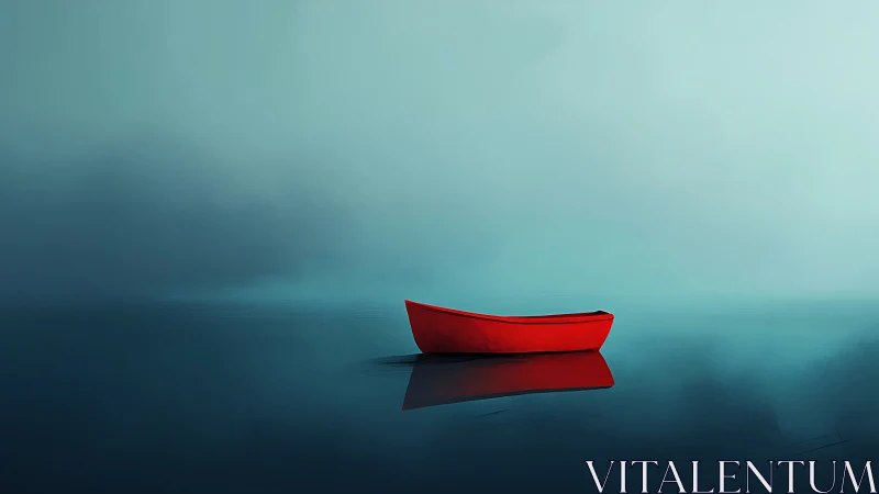 Red rowboat on still blue water in minimal foggy scene.